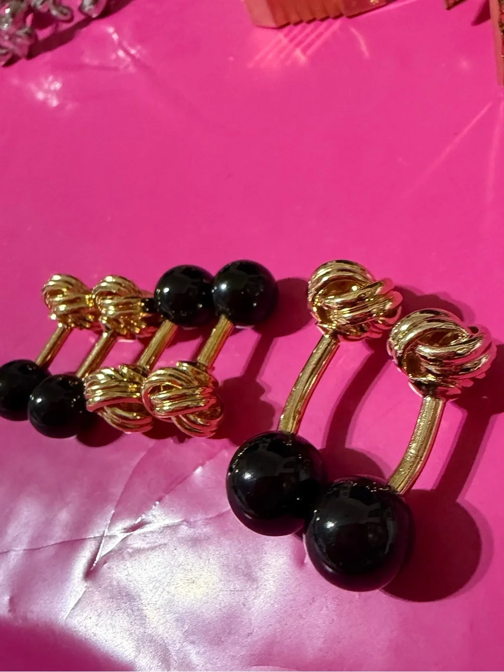3 Sets (Lg & 2 Sm) Gold Tone Love Knot/Black Onyx Ball Cuff Links Saks Fifth Ave